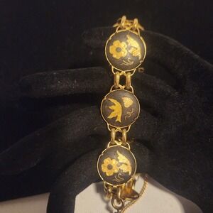 Vintage Damascene Gold Inlay Bird Floral Link Bracelet 7.4 nch Safety Chain